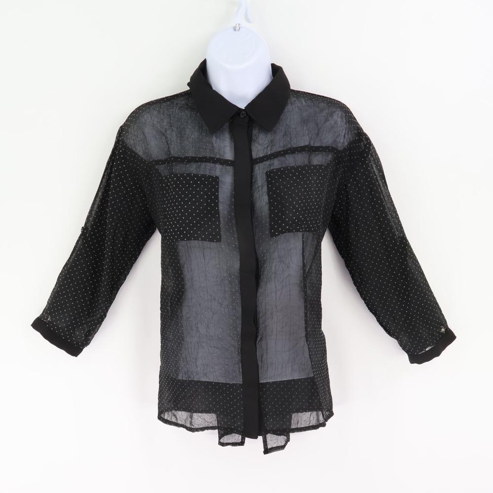 Monteau Sheer Button Up Blouse Womens Size S Black Polka Dots Collared Pockets